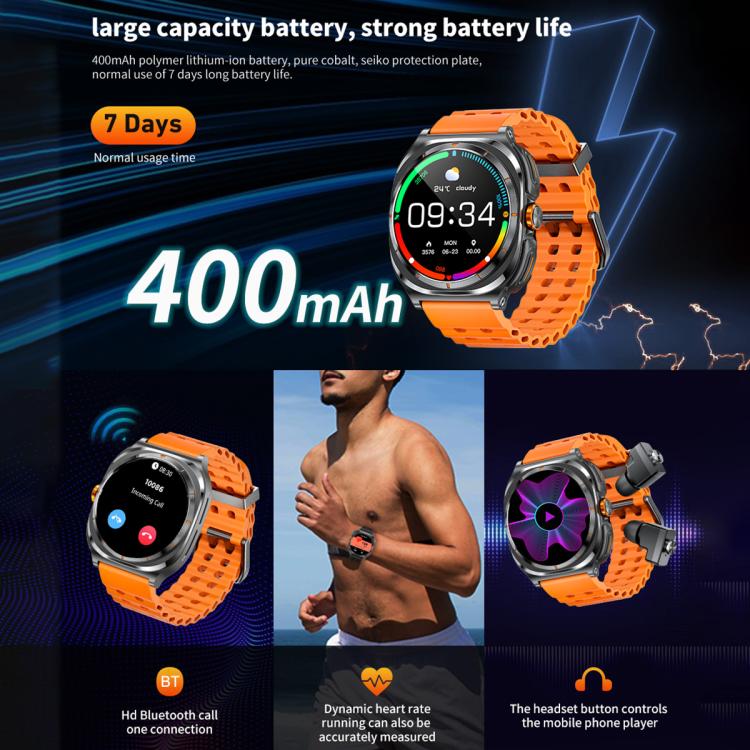 HAMTOD GT98 Headphones Smart Watch,1.53 inch, Support Bluetooth Call / NFC / Heart Rate(Silver Orange) - free shipping - PMC TechLife - Order now!