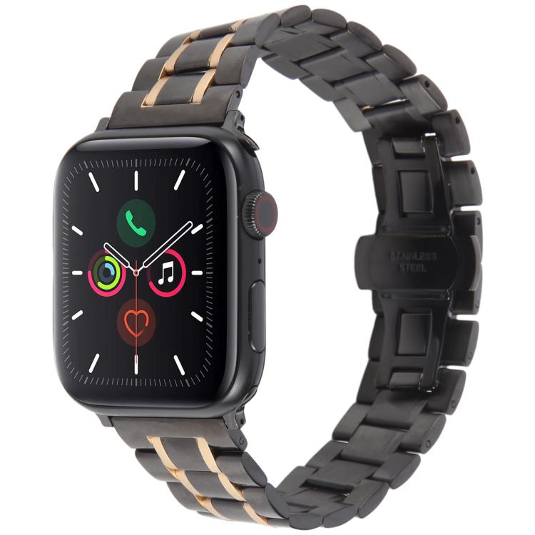 For Apple Watch 46mm / 49mm / 45mm / 44mm Butterfly Buckle New Five Beads Stainless Steel Watch Band(Black Rose Gold)
