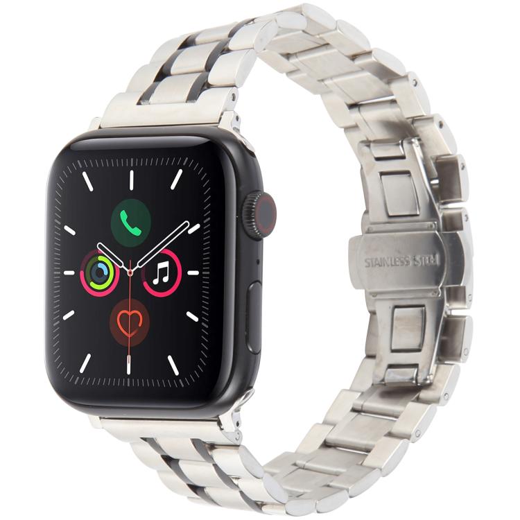 For Apple Watch 46mm / 49mm / 45mm / 44mm Butterfly Buckle New Five Beads Stainless Steel Watch Band(Silver Black)