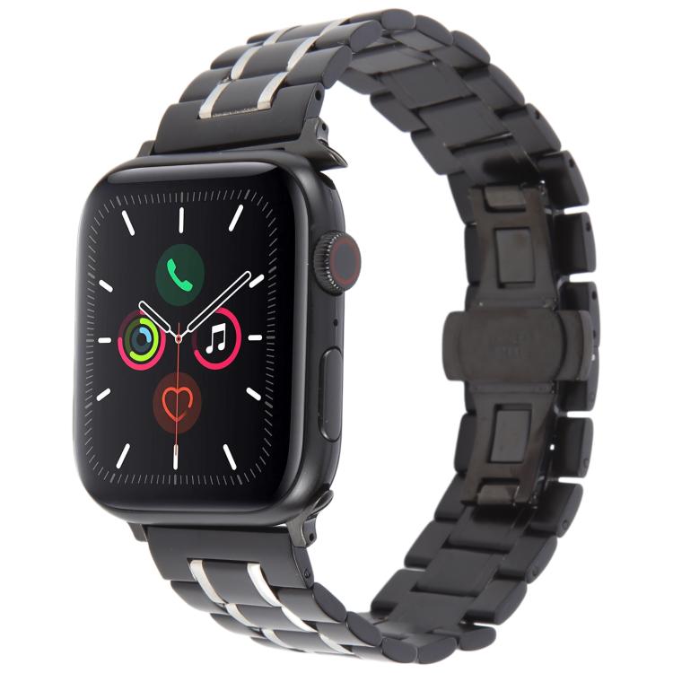 For Apple Watch 46mm / 49mm / 45mm / 44mm Butterfly Buckle New Five Beads Stainless Steel Watch Band(Black Silver)