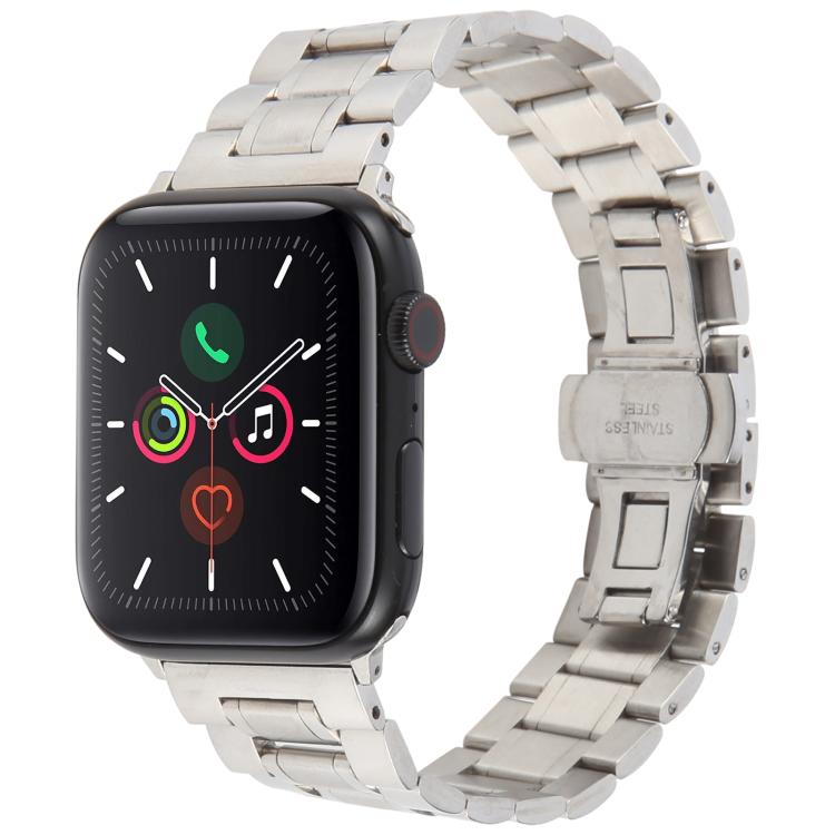 For Apple Watch 46mm / 49mm / 45mm / 44mm Butterfly Buckle New Five Beads Stainless Steel Watch Band(Silver)