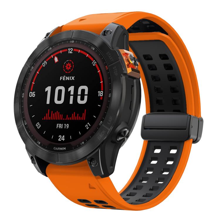 For Garmin QuickFit 26mm Kalebol Two-color Magnetic Silicone Watch Band(Orange Black)
