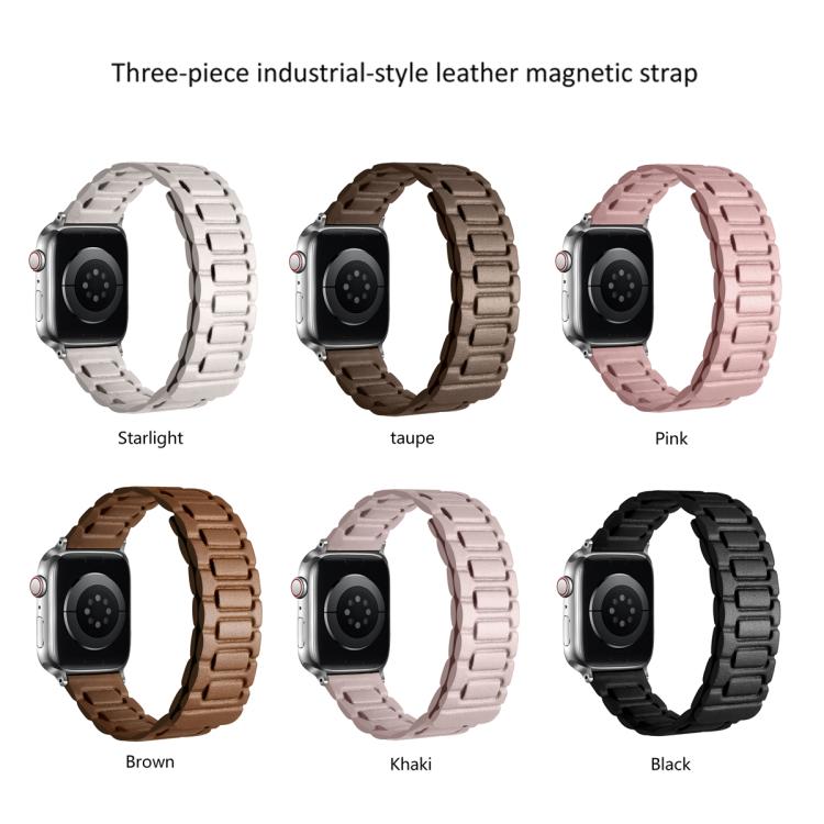 For Apple Watch 46mm / 49mm / 45mm / 44mm I-shaped Three-piece Leather Magnetic Watch Band(Khaki) - Watch Bands by PMC TechLife | Online Shopping South Africa | PMC TechLife | Buy Now Pay Later Mobicred