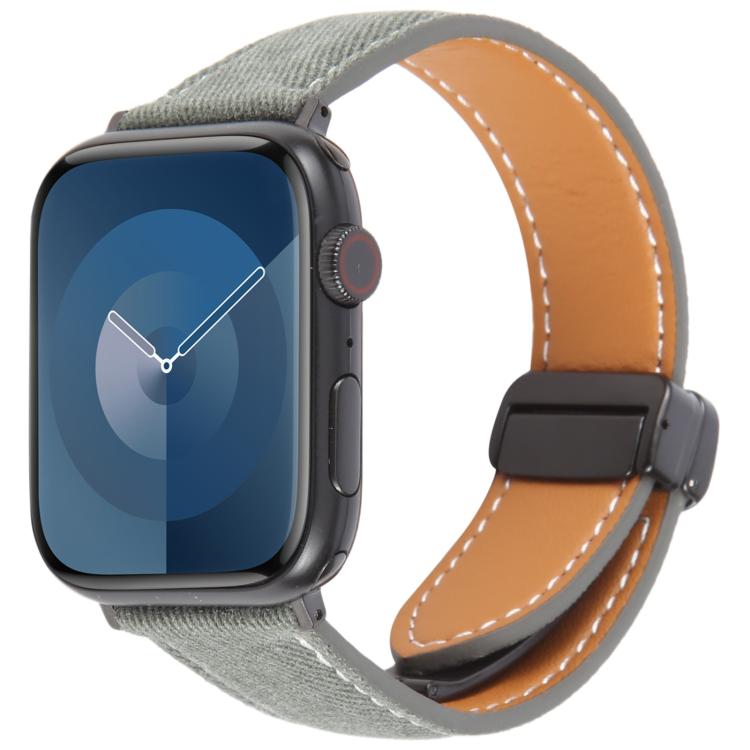 For Apple Watch 46mm / 49mm / 45mm / 44mm Folding Magnetic Buckle Denim Leather Watch Band(Retro Blue)