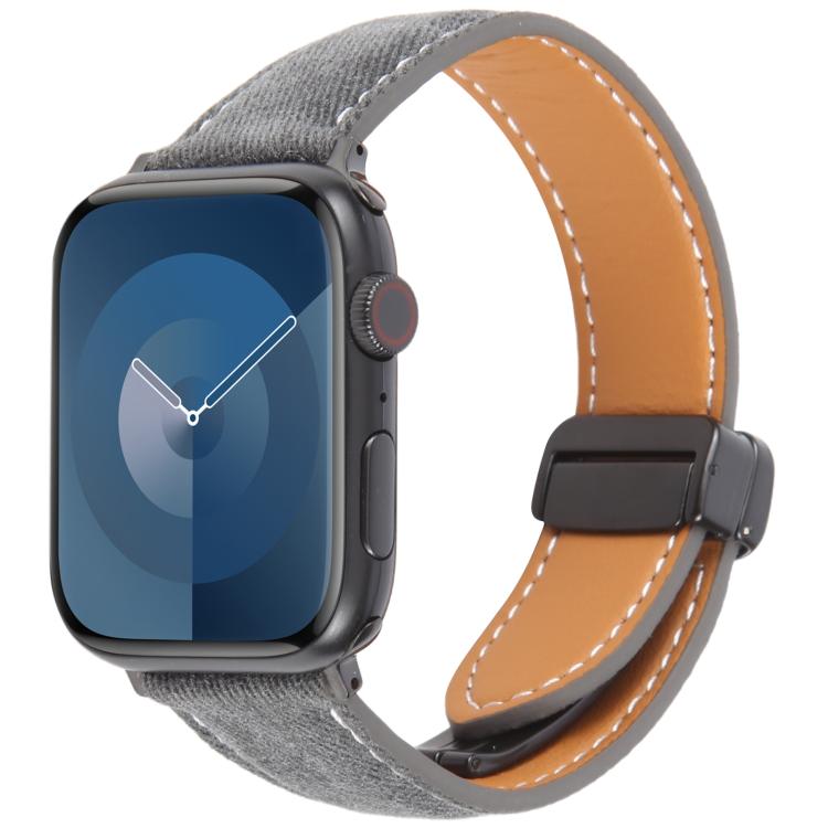 For Apple Watch 42mm / 41mm / 40mm / 38mm Folding Magnetic Buckle Denim Leather Watch Band(Black)