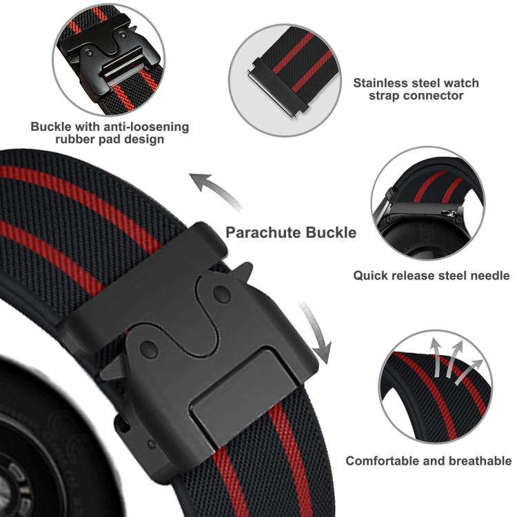 22mm Parachute Buckle Stripe Nylon Elastic Braided Watch Band(Black Red) - 22mm Bands by PMc TechLife | Online Shopping South Africa | PMc TechLife | Buy Now Pay Later Mobicred