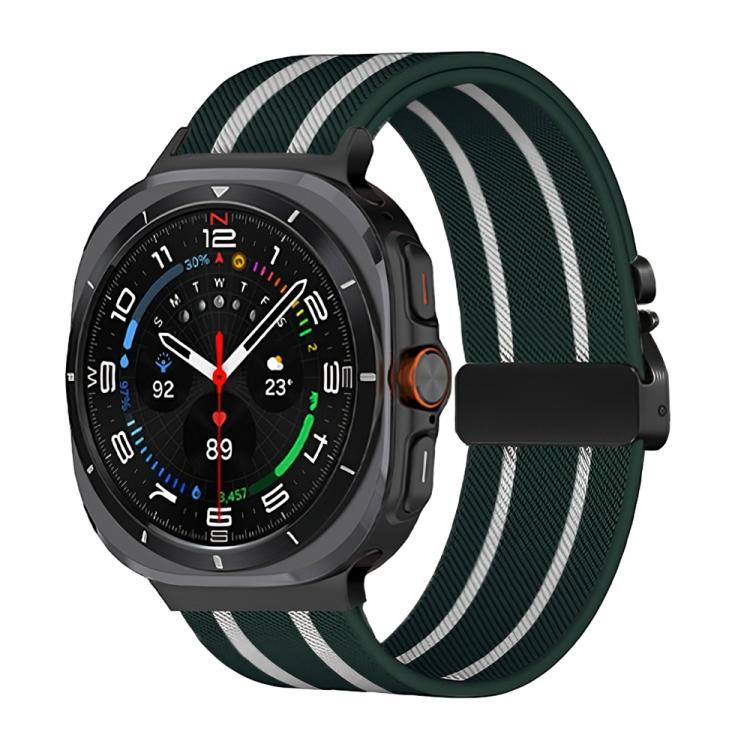 For Samsung Galaxy Watch Ultra 47mm Parachute Buckle Stripe Nylon Elastic Braided Watch Band(Dark Green White)