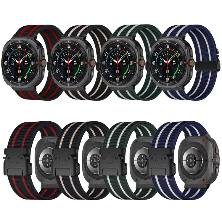 For Samsung Galaxy Watch Ultra 47mm Parachute Buckle Stripe Nylon Elastic Braided Watch Band(Dark Green White)