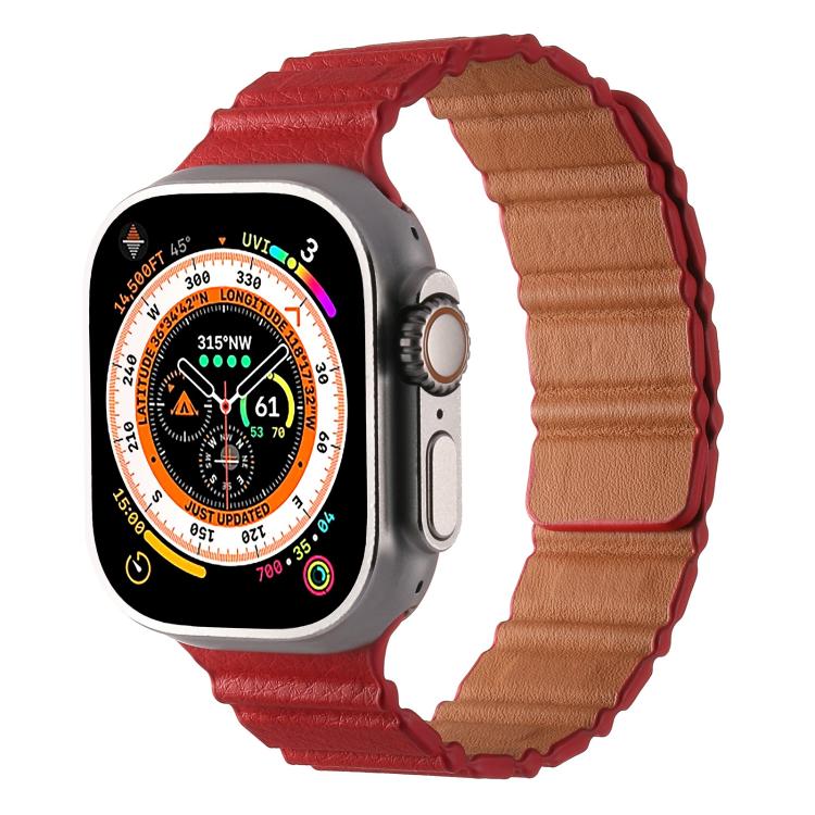For Apple Watch 46mm / 49mm / 45mm / 44mm Magnetic PU Leather Watch Band(Red)