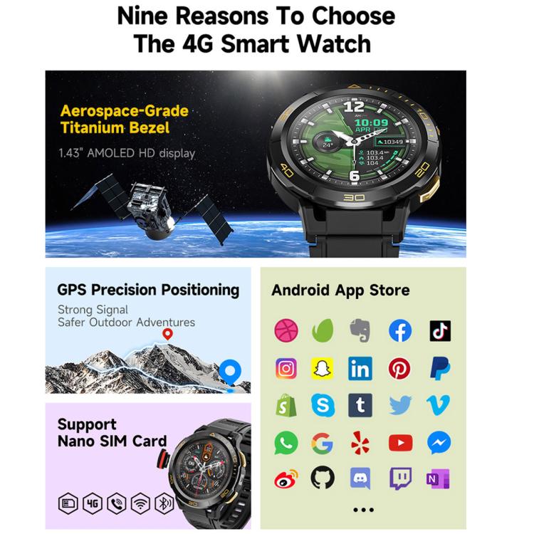 UNIWA DM300 4G Android Watch Phone, 2GB+16GB, 1.43 inc Unisoc SL8541E Quad Core, Support Heart Rate / Blood Oxygen(Black) - free shipping - PMC Jewellery - Order now!