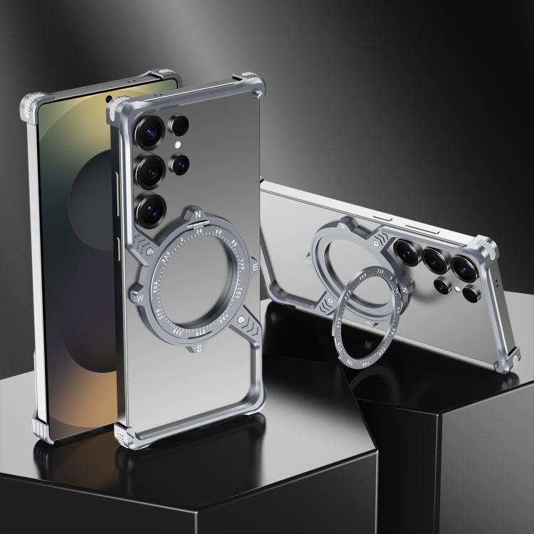 For Samsung Galaxy S22 Ultra 5G S Shaped 360 Holder Airbag Frameless MagSafe Metal Phone Case(Space Gray)