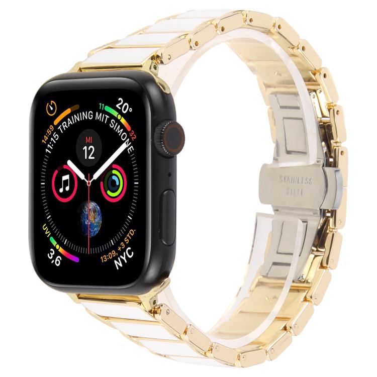 For Apple Watch 46mm / 49mm / 45mm / 44mm Three Beads Ceramics 18mm Steel Watch Band(Gold White)