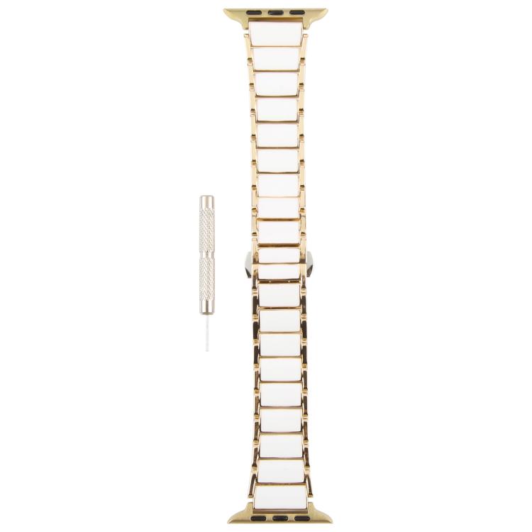 For Apple Watch 46mm / 49mm / 45mm / 44mm Three Beads Ceramics 18mm Steel Watch Band(Gold White)