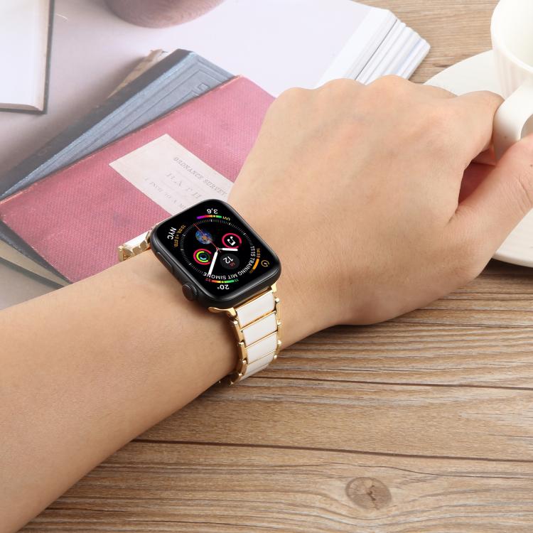 For Apple Watch 42mm / 41mm / 40mm / 38mm Three Beads Ceramics 18mm Steel Watch Band(Gold White) - free shipping - PMC TechLife - Order now!