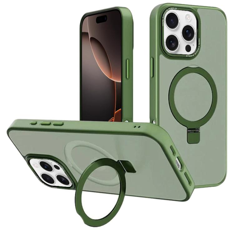 For iPhone 16 Pro Max Kalebol Metal Lens Frame MagSafe Holder Frosted PC Phone Case(Dark Green)