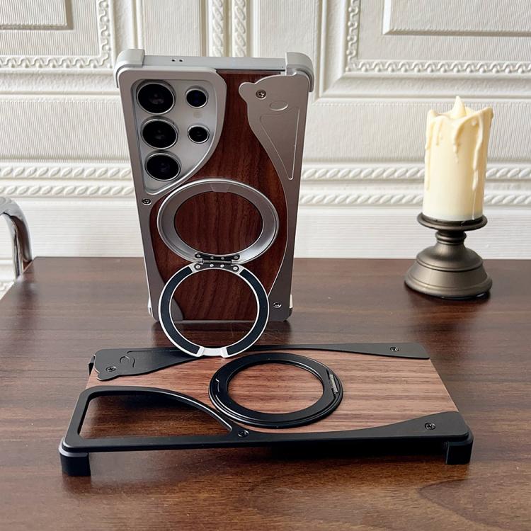 For Samsung Galaxy S25 Ultra 5G Walnut Metal Frameless 360 Degree Rotation Holder MagSafe Phone Case(Black) - free shipping - PMC Jewellery - Order now!