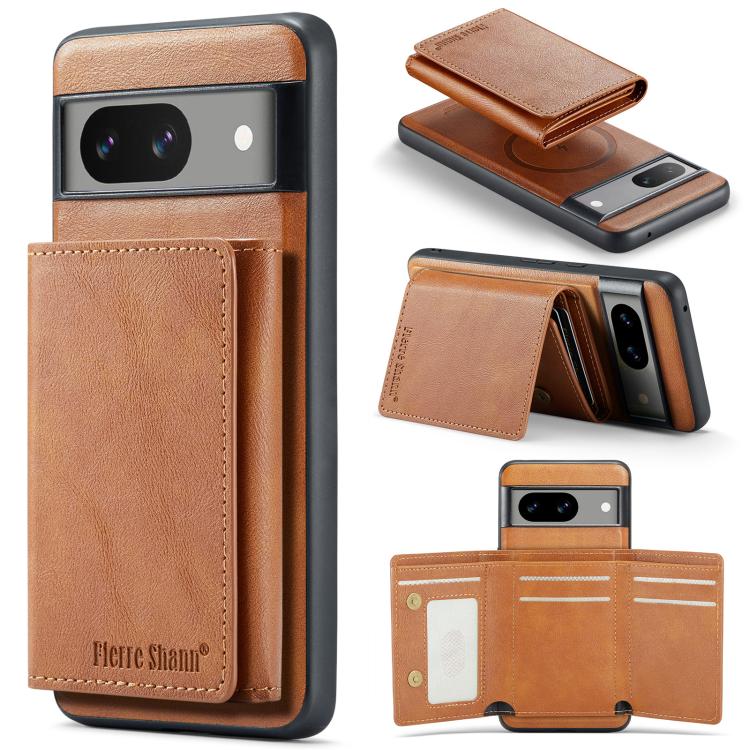 For Google Pixel 7 Fierre Shann 2 in 1 Holder RFID Card Slot Wallet MagSafe Phone Case(Dark Brown)