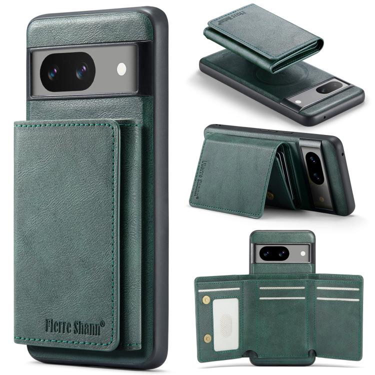 For Google Pixel 7 Fierre Shann 2 in 1 Holder RFID Card Slot Wallet MagSafe Phone Case(Green)