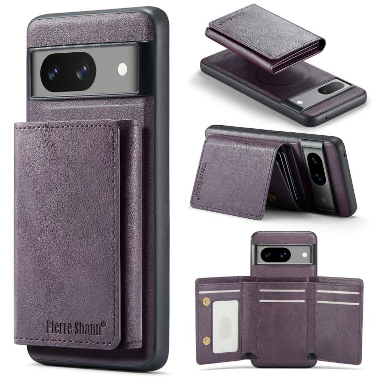 For Google Pixel 7 Fierre Shann 2 in 1 Holder RFID Card Slot Wallet MagSafe Phone Case(Purple)