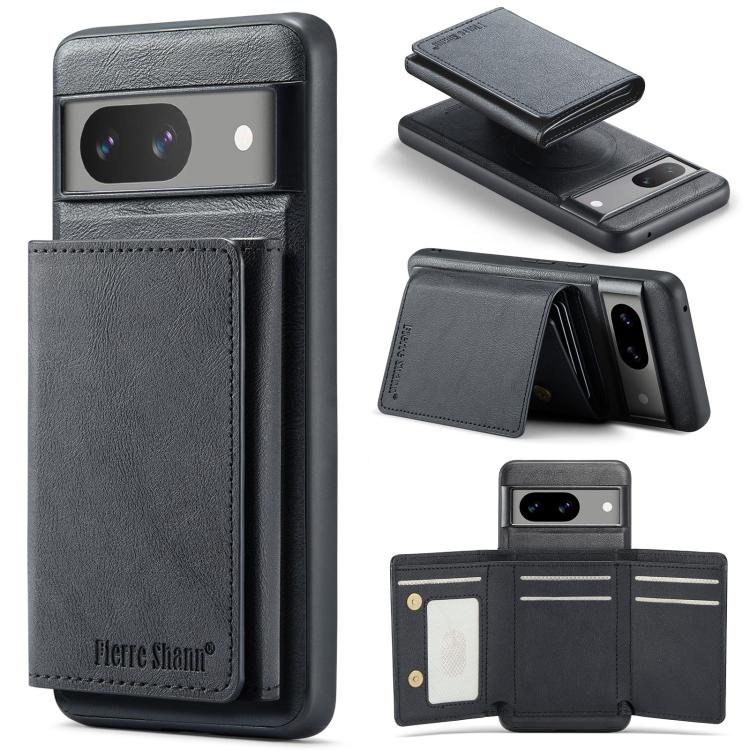 For Google Pixel 7a Fierre Shann 2 in 1 Holder RFID Card Slot Wallet MagSafe Phone Case(Black)
