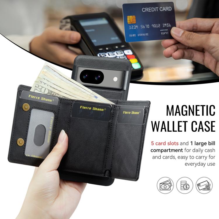 For Google Pixel 7a Fierre Shann 2 in 1 Holder RFID Card Slot Wallet MagSafe Phone Case(Black)