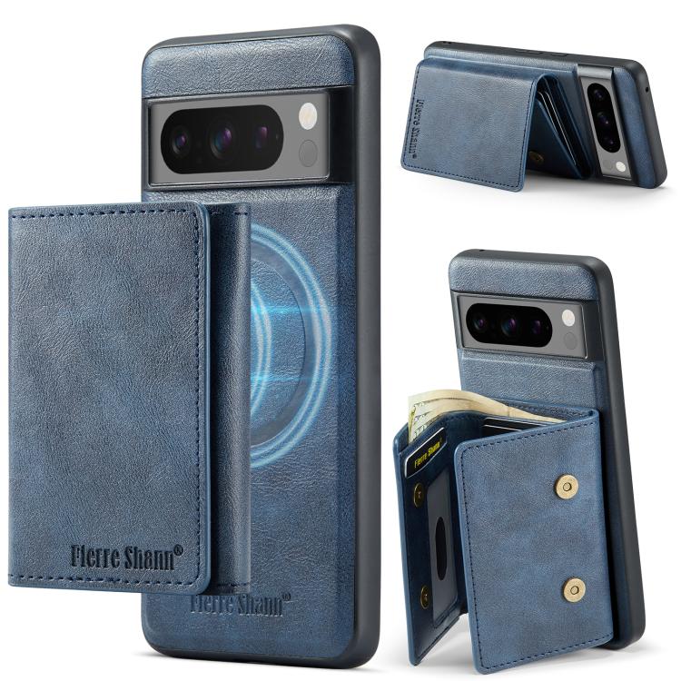For Google Pixel 7 Pro Fierre Shann 2 in 1 Holder RFID Card Slot Wallet MagSafe Phone Case(Blue)