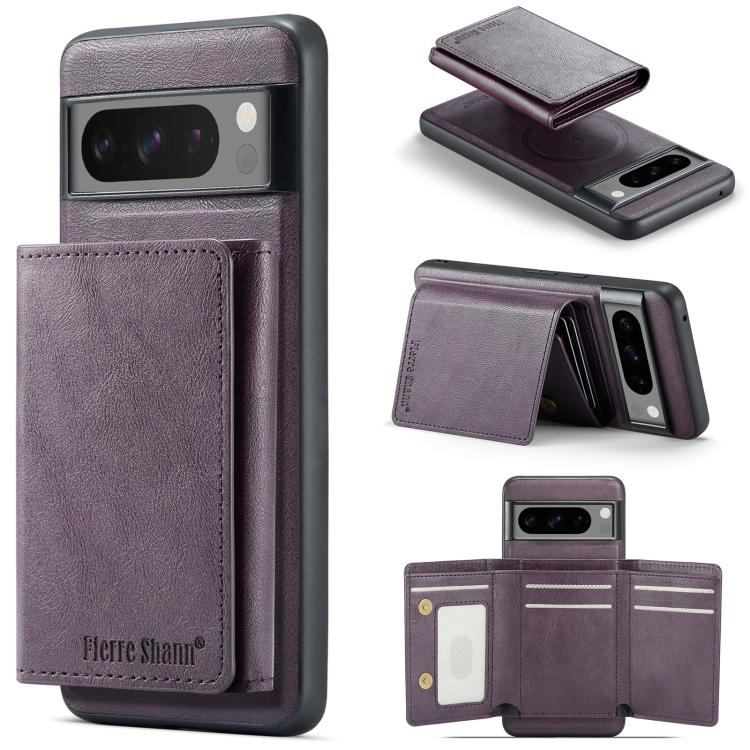 For Google Pixel 7 Pro Fierre Shann 2 in 1 Holder RFID Card Slot Wallet MagSafe Phone Case(Purple)