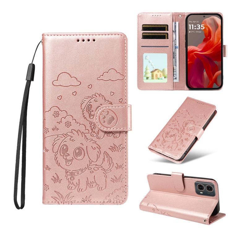 For Motorola Edge 50 Fusion 5G Embossed Heart Dog RFID Blocking Wallet Leather Phone Case(Rose Gold)