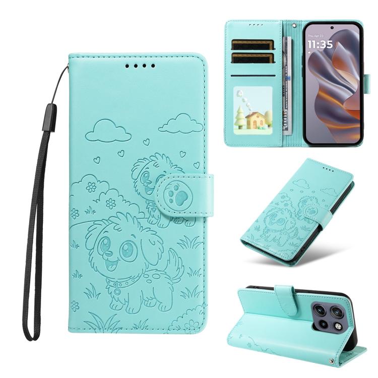 For Motorola Edge 50 Neo 5G Embossed Heart Dog RFID Blocking Wallet Leather Phone Case(Green)