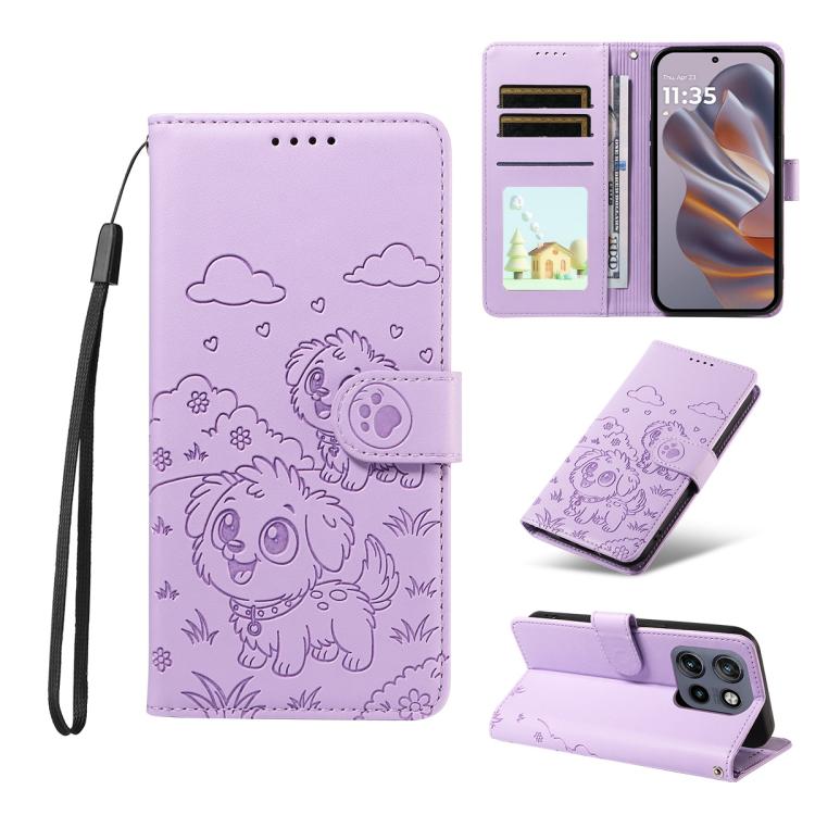For Motorola Edge 50 Neo 5G Embossed Heart Dog RFID Blocking Wallet Leather Phone Case(Purple)