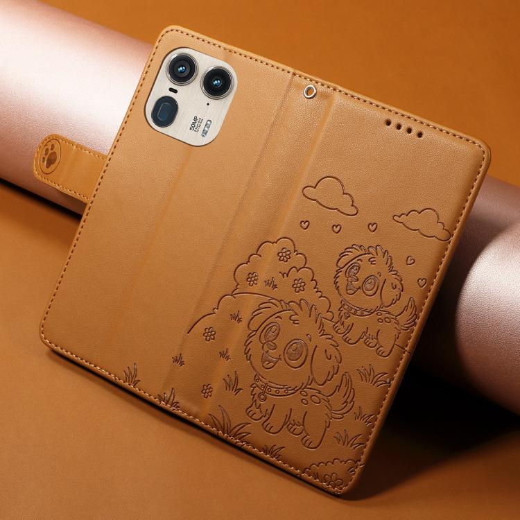 For Motorola Edge 50 Ultra 5G Embossed Heart Dog RFID Blocking Wallet Leather Phone Case(Brown)