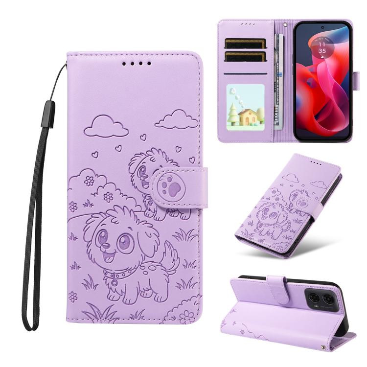 For Motorola Moto G04 / G24 / E14 Embossed Heart Dog RFID Blocking Wallet Leather Phone Case(Purple)
