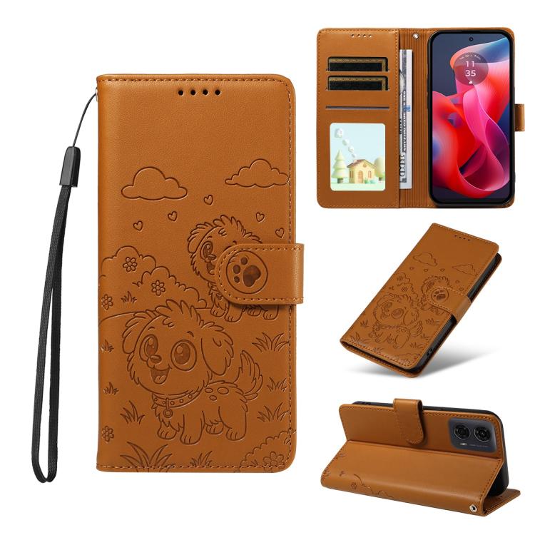 For Motorola Moto G04 / G24 / E14 Embossed Heart Dog RFID Blocking Wallet Leather Phone Case(Brown)