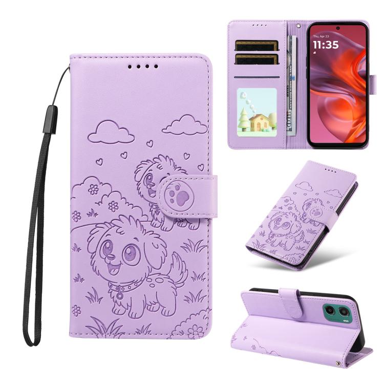 For Motorola Moto G05 / E15 Embossed Heart Dog RFID Blocking Wallet Leather Phone Case(Purple)