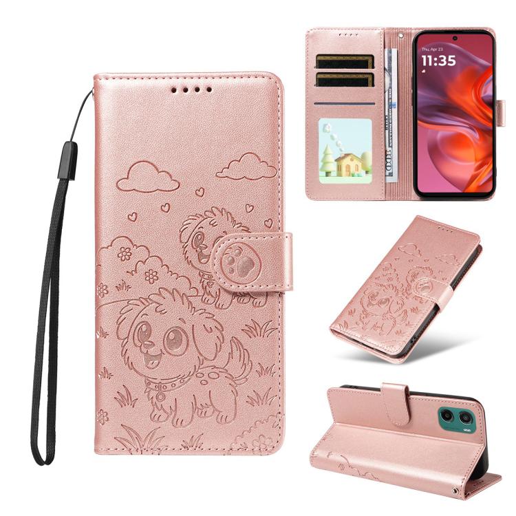 For Motorola Moto G05 / E15 Embossed Heart Dog RFID Blocking Wallet Leather Phone Case(Rose Gold)