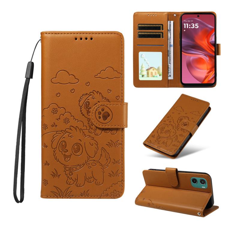 For Motorola Moto G05 / E15 Embossed Heart Dog RFID Blocking Wallet Leather Phone Case(Brown)