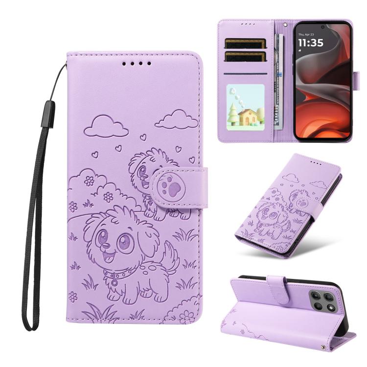 For Motorola Moto G15 / G15 Power Embossed Heart Dog RFID Blocking Wallet Leather Phone Case(Purple)