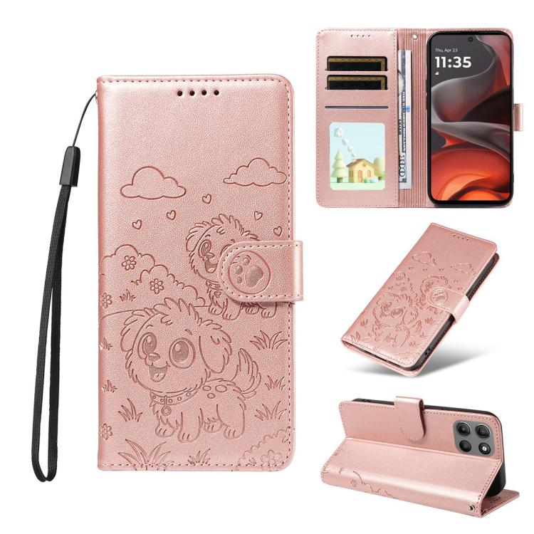 For Motorola Moto G15 / G15 Power Embossed Heart Dog RFID Blocking Wallet Leather Phone Case(Rose Gold)