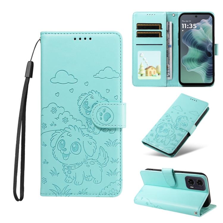 For Motorola Moto G35 5G Embossed Heart Dog RFID Blocking Wallet Leather Phone Case(Green)