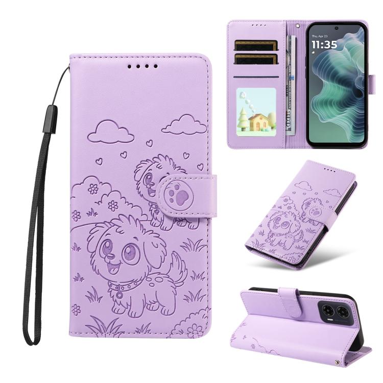 For Motorola Moto G35 5G Embossed Heart Dog RFID Blocking Wallet Leather Phone Case(Purple)