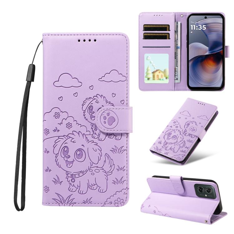 For Motorola Moto G55 5G Embossed Heart Dog RFID Blocking Wallet Leather Phone Case(Purple)