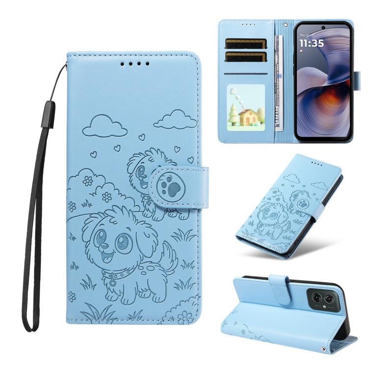 For Motorola Moto G55 5G Embossed Heart Dog RFID Blocking Wallet Leather Phone Case(Sky Blue)