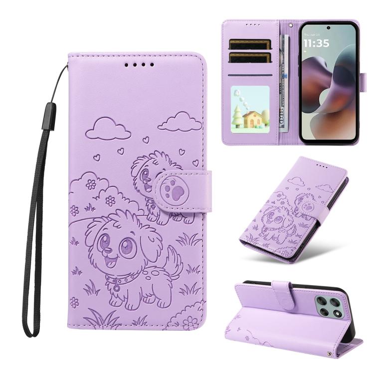 For Motorola Moto G56 5G / G66j Embossed Heart Dog RFID Blocking Wallet Leather Phone Case(Purple)