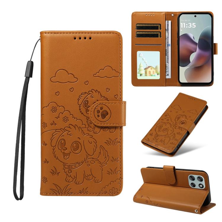 For Motorola Moto G56 5G / G66j Embossed Heart Dog RFID Blocking Wallet Leather Phone Case(Brown)
