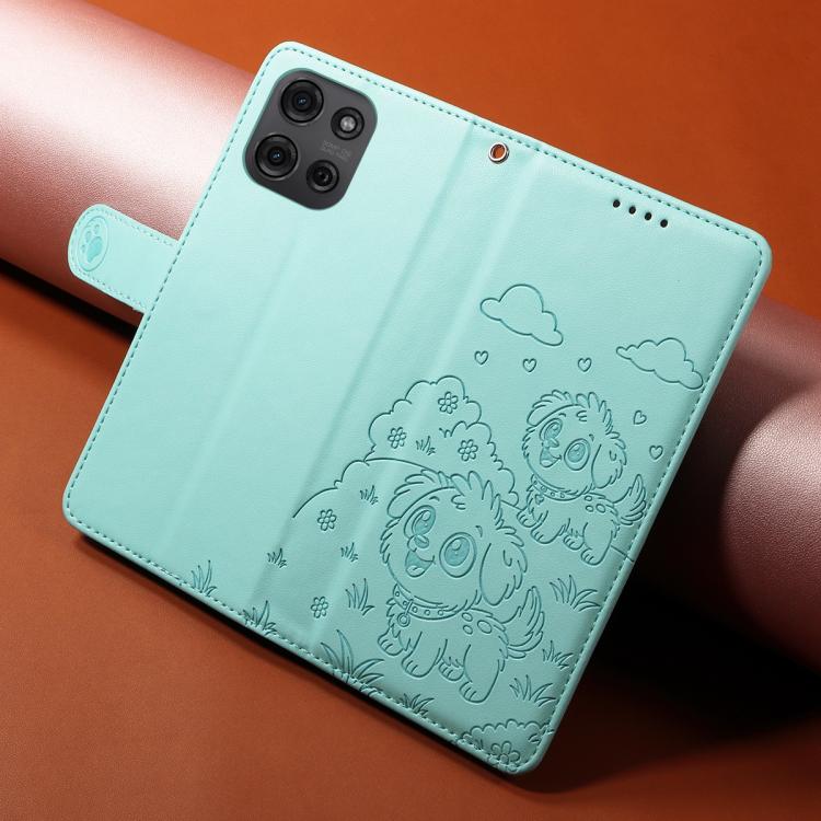 For Motorola Moto G75 5G Embossed Heart Dog RFID Blocking Wallet Leather Phone Case(Green)