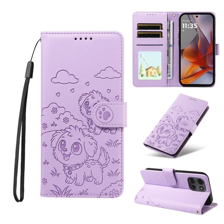 For Motorola Moto G75 5G Embossed Heart Dog RFID Blocking Wallet Leather Phone Case(Purple)