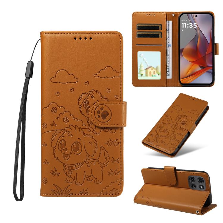 For Motorola Moto G75 5G Embossed Heart Dog RFID Blocking Wallet Leather Phone Case(Brown)
