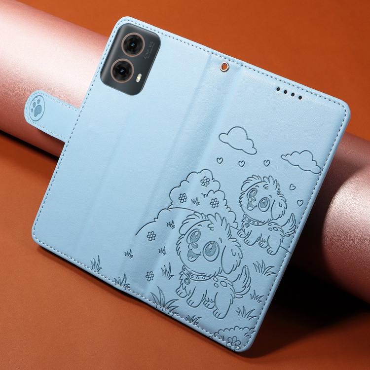 For Motorola Moto G85 5G Embossed Heart Dog RFID Blocking Wallet Leather Phone Case(Sky Blue) - free shipping - PMC TechLife - Order now!