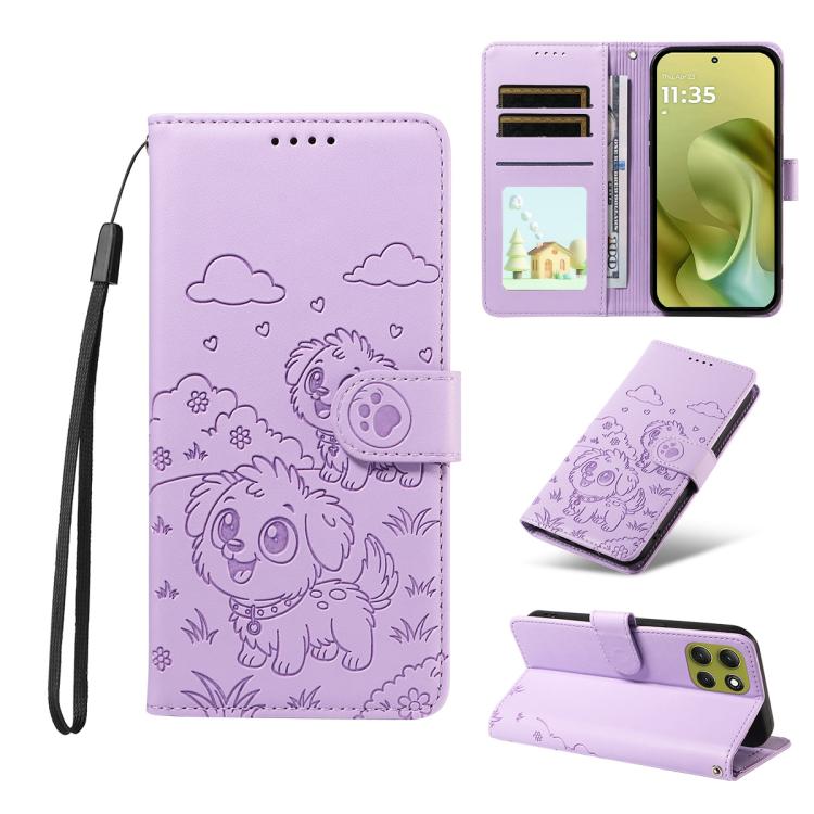 For Motorola Moto G86 5G Embossed Heart Dog RFID Blocking Wallet Leather Phone Case(Purple)