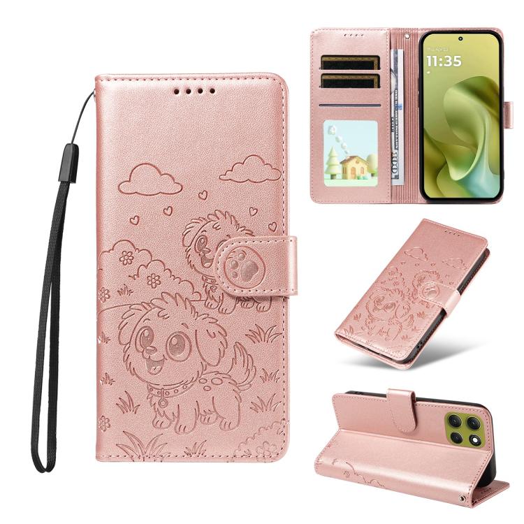 For Motorola Moto G86 5G Embossed Heart Dog RFID Blocking Wallet Leather Phone Case(Rose Gold)